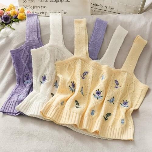 Womens Summer Knitted Crop Top 2021 Chic Embroidery Floral Vest Tank Casual Stylish Short Tube Tops