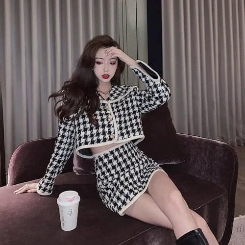 Korean Set Vintage Houndstooth Two Piece Set Women Tweed Mini Bodycon Skirt Suits Lady Elegant Chic Collar Cropped Plaid Jacket