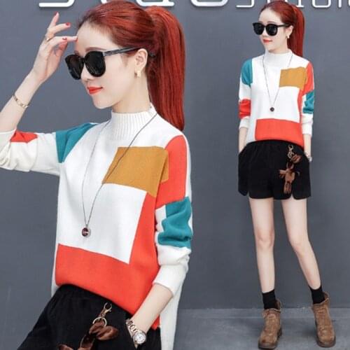 Korean College Style Autumn Winter Geometric Pattern Pullovers Loose Oversized O-Neck Knitted Sweaters Woman Jumper NS4772