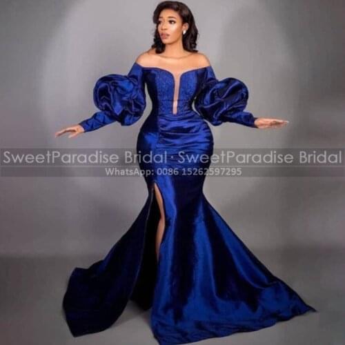 2021 Long Puff Sleeves Mermaid Evening Dresses Royal Blue Satin Side Split Women Celebrity Dress Party Robe De Soiree De Mariage