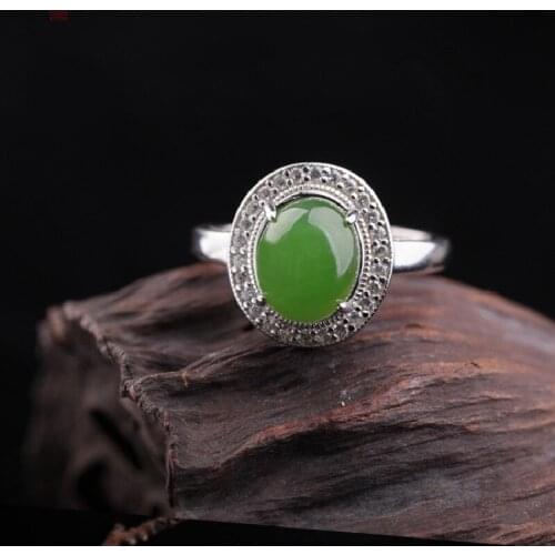 New Spinach Green Jasper With Certificate Opening S925 Sterling Silver Inlaid Natural Hetian Jade Female Ring