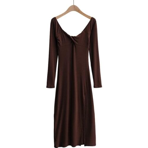 Spring and autumn new street fashion womens cross-chest long sleeve dress solid color sexy elastic V-neck bottoming dress women