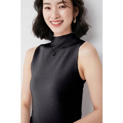 Sleeveless Vest New 2021 Summer Black Half High Neck Ice Silk t-Shirt Womens Slim Knit Sweater with a Thin Top 60105