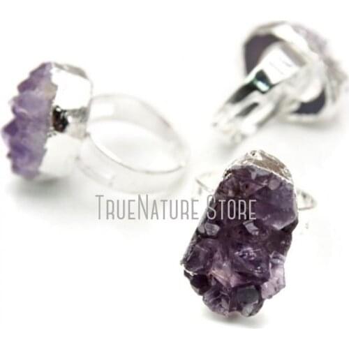 5Pcs RM16612 Amethyst Jewelry Silver Adjustable Crystal Rings Free Form Silver Plated Amethyst Cluster Druzy Crystal Ring