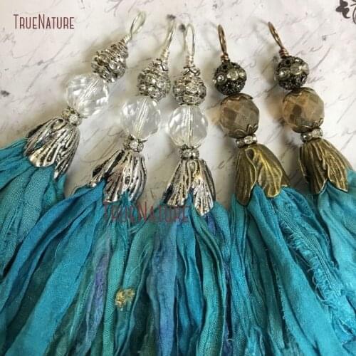 Turquoises Blue Sari Silk Tassel Pendant Bohemian Tassels Pendant Antique Brass Or Silver Flower Bead Cap PM9946