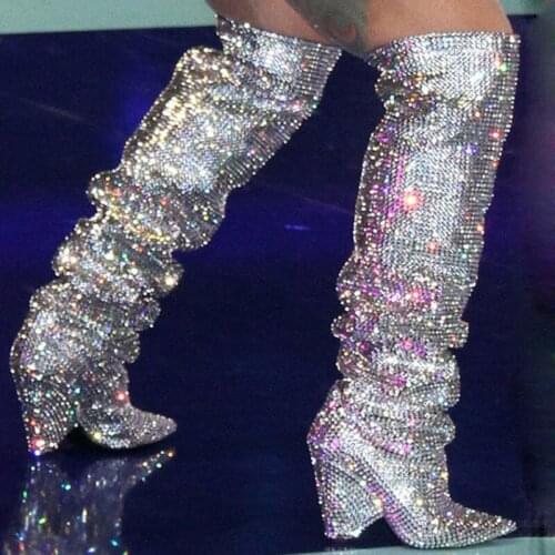 Glitter Rhinestone Drilled knee High Boots Women Spike Heel Boots Slip on Pointed Toe Ladies Bling Bling Crystal knight Boots