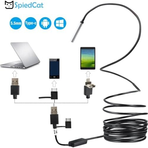 Borescope 5.5mm mini Lens 6 LED Inspection Pipe Android 3in1 Endoscope Camera 5M soft Cable For smartphone USB Type-c PC