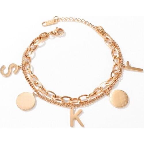FATE LOVE New Hot Gold Color Lady Women Girl Statement Round Charm Bracelet Bangles Stainless Steel Metal Fashion Jewelry