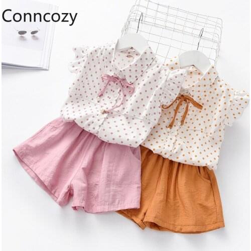 Childrens Clothing Girls Summer Suit New Fashion Fashion Polka Dot Shirt Tops Baby Casual Shorts Two-piece Suit Girls Outfits