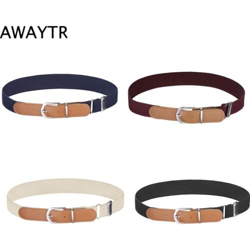 AWAYTR New Canvas Elastic Belt for Kids Alloy Pin Buckle Stretch Belt for Boys Girls PU Splice Waistband Straps Adjustable Belt