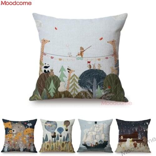 Children Dreamy Fantasy Hand Drawn Cartoon Lovely Cute Woodland Animals Pillow Case Linen Kids' Room Decoration Cushion Cover