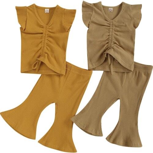 2pcs Knitted Baby Girls Casual Outfit Set Children Fly Sleeve Solid Drawstring Tank Top+Flared Long Pants Toddler Kids Set
