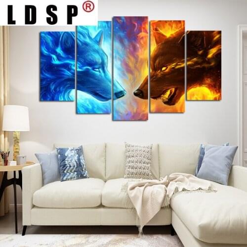 LDSP RELIABLI ART 5 panels Ice and Fire Wolf Canvas Painting Wall Art Poster Print For living room Animal Art Decor Pictures