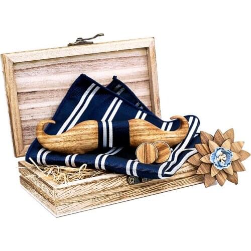Linbaiway Fashion Mens Wood Bowtie Handkerchief Cufflinks Brooch Set Suit Wedding Floral Printed Wooden Bow Tie Corbatas Cravat