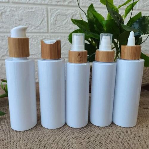 60/120/150/250ml frosted matte white plastic shampoo lotion bottles black/white disc cap with bamboo pump lid refillable bottles