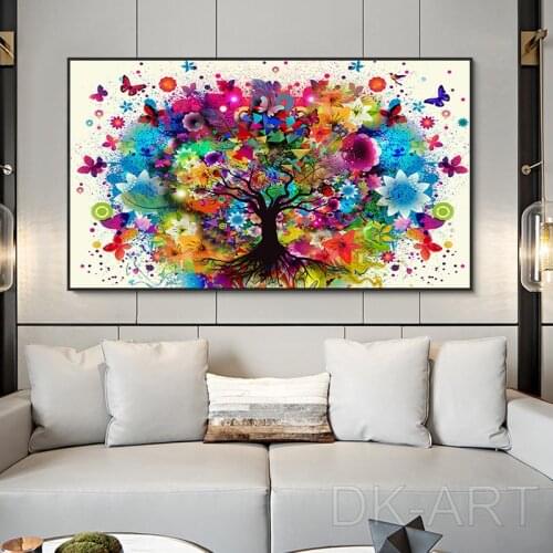 Watercolor Tree Canvas Painting Wall Art Posters and Prints Abstract Colorful Flowers Butterfly Pictures for Living Room Decor