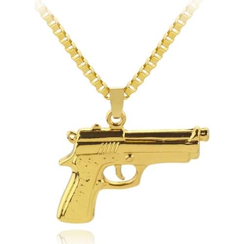 Wholesale Fashion Mens Boys Necklaces Hand Pistol Gun Pendant Necklace Men Biker Black Gold-color Hip Hop colar Jewelry