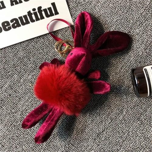 Luxury High Quality Cute Leather Animal Rabbit Keychain Mink Fur Pompom Key Ring Women Bag Charm Accessories Pendant Key Holder