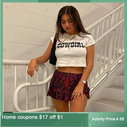 O-Neck Crop Tops Women Summer Fashion COWGIRL Print Casual T Shirts Basic Sexy Streetwear Brown Short Sleeve Picnic ins