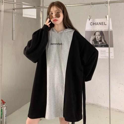Gray Spliced Black Long Hoodies Women Oversized Sweatshirt Cool Girls Long Sleeve Pullovers Korean Streetwear