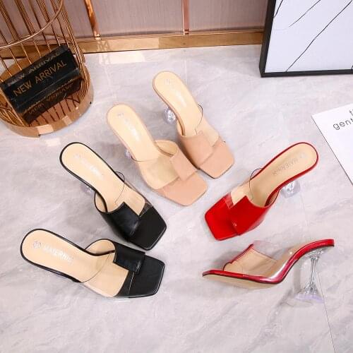 2021 Summer High Heels Women Slippers Shoes Mixed Colors Peep Toe Transparent Heel 9cm Casual Ladies Outdoor Slides Mujer Siez46