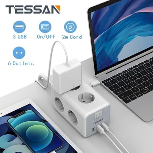 TESSAN Multi Outlets Extender EU Plug Stocker 6 Outlets 3 USB Charging Power Strip with Mounting Hole 2M Long Cord On/Off Switch