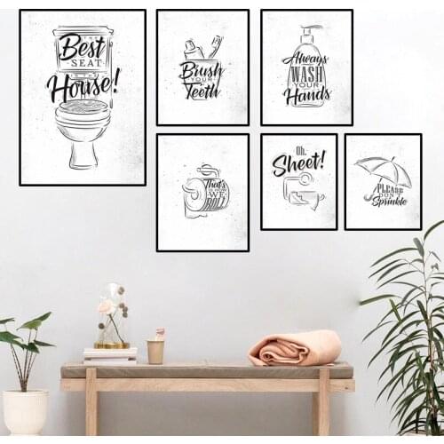 Toilet Quote Picture Bathroom Wall Decor Canvas Painting Washroom Prints Brush Canvas Art Poster Black White Fashion