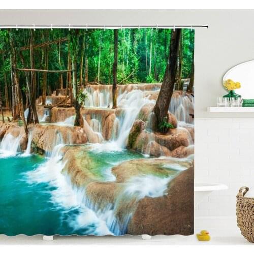 Waterfall Bathroom Shower Curtain Waterproof Polyester Forest Tree Scenery Bathroom Curtain Printing Shower Curtain Bath Screen