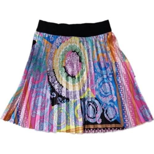 2019 Women New Summer Vintage Cartoon Flowers Print High Waist Above Knee Mini Pleated Skirts Retro Fashion Skirt Outfit