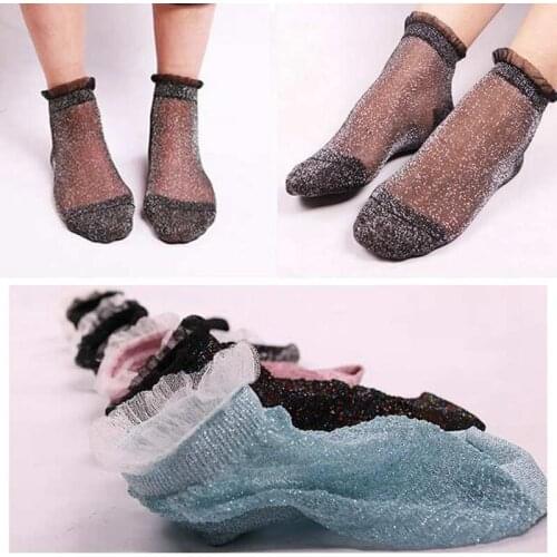 Women Summer Socks Crystal Glass Silk Mesh Glitter Socks Lady Transparent Thin Short Socks