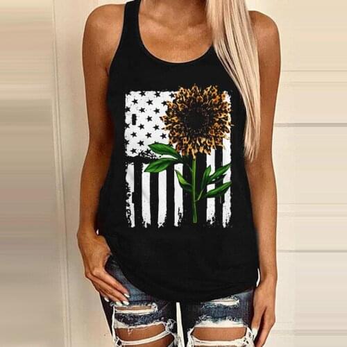 Women Sleeveless Vest Sunflower American Flag Splicing Printing Tank Blouse Top Daily Casual All-match Lovely Girls Pure Vest