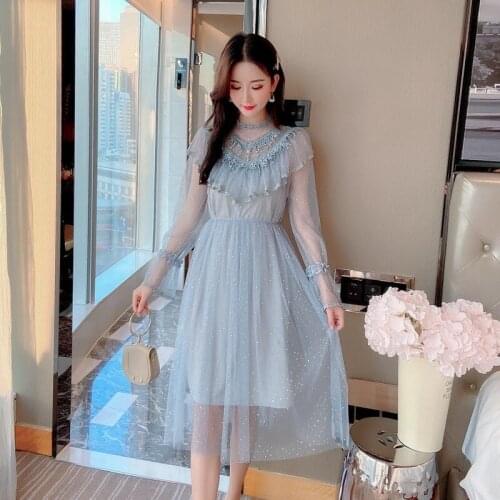 2021 Women Summer Vestidos Romantic Tulle Fairy Dress New Stand Collar Beading Tassels Soild Ruffles Mesh Dress Cute Mid Dress