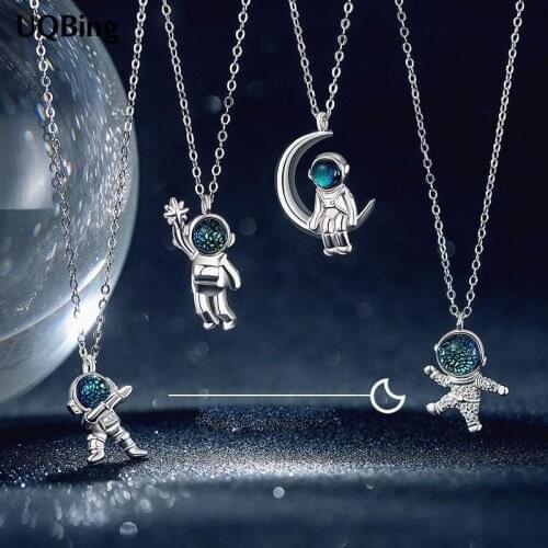925 Sterling Silver Astronaut Spaceman Couple Pendant Necklaces For Women & Girls Party Gifts