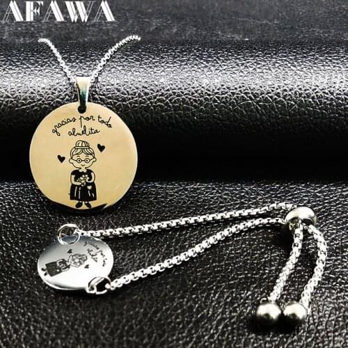 2021 Abuela te quiero Stainless Steel Necklace Bracelet Set Jewelry for Women Round Silver Color Set Jewellry bisuteria 178625