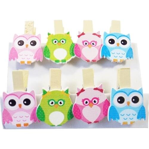 8pcs/lot Cartoon Owl Pattern Small Wooden Clips For Party And Room Photo Decoration Kawaii Wood Clips