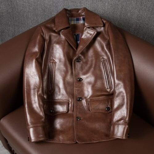 Free shipping.Brand new brown Mens business casual leather coat.sales quality horsehide jacket.plus size warm leather windcoat