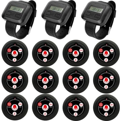 Wireless Calling System Restaurant Service 3 Wristwatch Receiver + 12 Four Keys Buttons Transmitter Black For Cafe Coffee