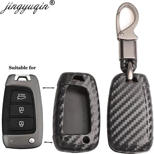 Jingyuqin Fiber Car Key Case Cover Silicone for Hyundai Elantra Solaris 2016-2019 3/4 Buttons Folding Remote Key Carbon Case