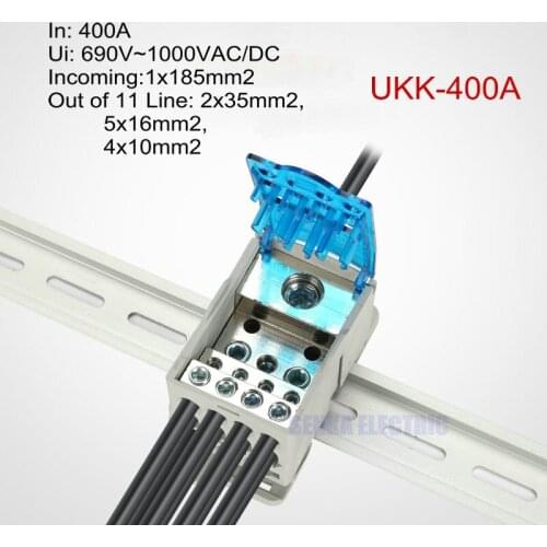 400A Din Rail 1 in Many Output Terminal Block for Distribution Box Universal Power Junction Box Electric Wire Connector UKK400A