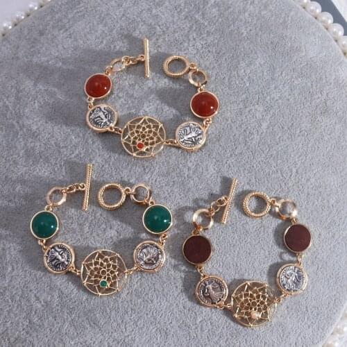 Europe and America Green Red Stone Bracelet Coin Charms Hollow Flower Gold Color Link Bracelet Fashion Brand Women Jewelry