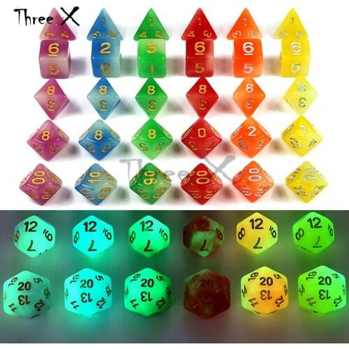 Glowing In The Dark Dice 7 Pc/set D4 D6 D8 D10 D10% D12 D20 for DND portable Dice Playing The KTV,Party, Bar