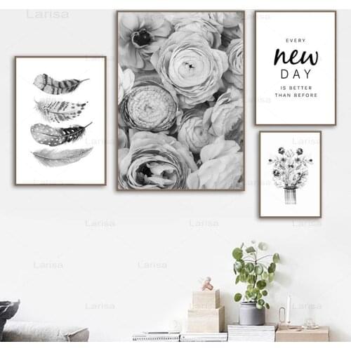 Rose Flower Feather Canvas Painting Black and White Wall Art Poster Prints Minimalist Quote Pictures for Living Room Loft Decor