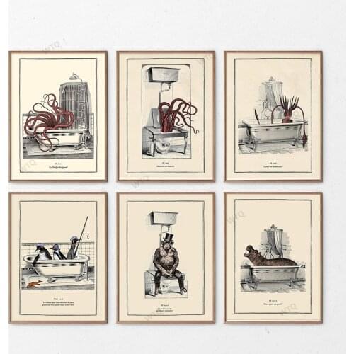 WTQ Canvas Painting Octopus Penguin Orangutan Print Funny Toilet Retro Poster Gothic Steampunk Wall Art Picture Room Home Decor