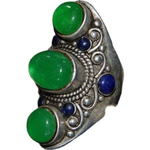 China Old Tibetan Silver Emerald Inlaid Three Sided Ring