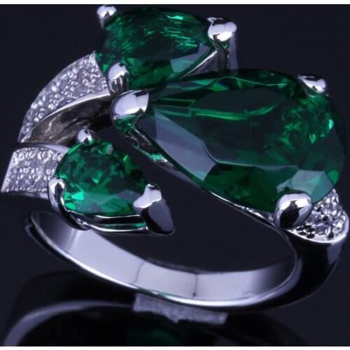 Brilliant Pear Green Cubic Zirconia White CZ Silver Plated Ring V0147