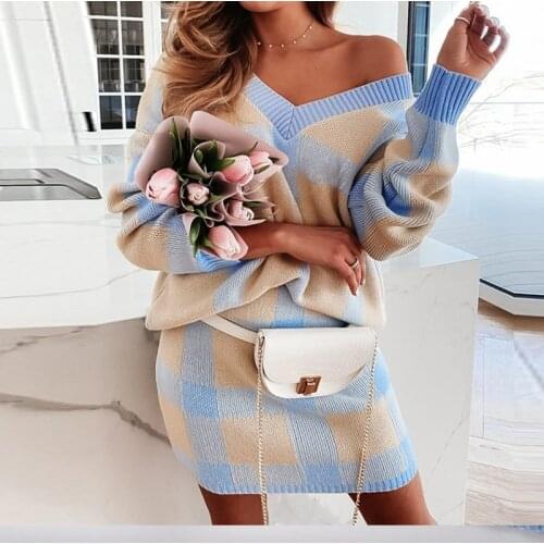 Short skirt sets 2021 new autumn winter knit skirt fashion slim sweater v neck long sleeved pullover plaid suit womens clothing