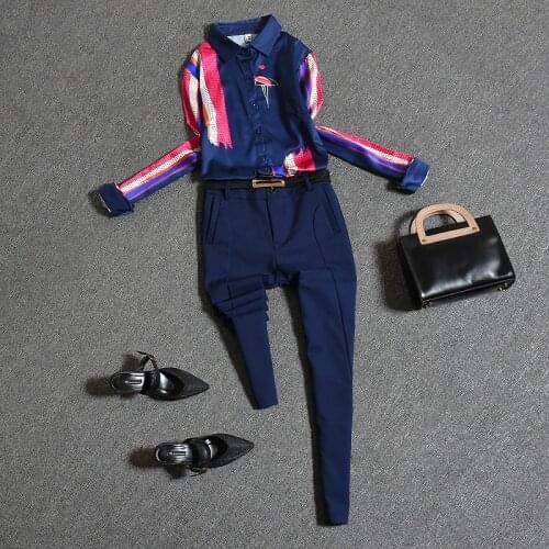 2021 Fashion Autumn Womens Sets New Two-piece Color Matching Shirt Slim Casual Pants Stylish Career Suit Women Clothing