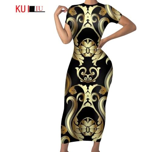 KUILIU Short Sleeves Fashion Bodycon Slim Sexy Dress For Women Luxury European Golden Floral Pattern Design Party Soft Vestidos