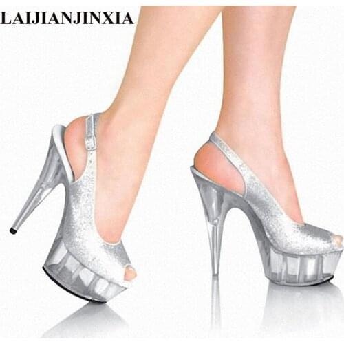 LAIJIANJINXIA New 15 cm High Heels lady shoes nightclub dancing shoes Crystal Sandal appeal 6 inch Super High Womens sandals