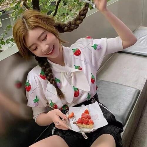 Sweet Women Pullover Sweater 2021 Fashion Ladies Elegant Strawberry Embroidery Knit Tops Female Chic Bow Collar Retro Top
